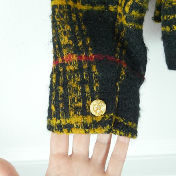 Vintage Size 4 Jacket Crop Blazer 90s Elegant Luxury Plaid Yellow Black Tweed - Picture 8 of 9